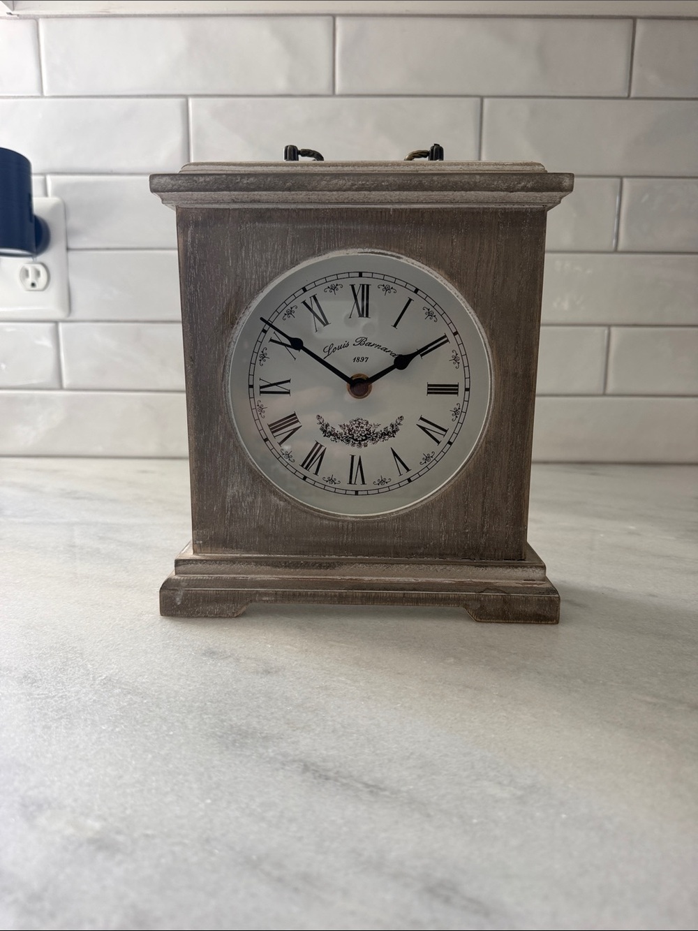 8.5” tall working decorative clock with gray wood